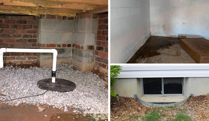 A collage showing a sump pump, water damage in a basement corner, and an exterior window well.