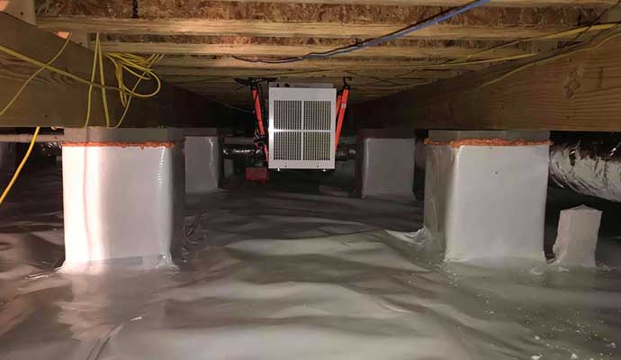 Crawl space encapsulation with an installed dehumidifier