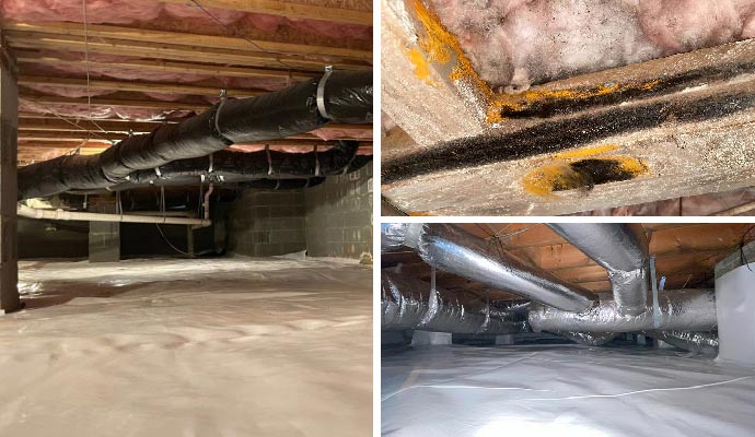 Collage of crawl space vapor barrier, mold damaged crawl space and encapsulated crawl space