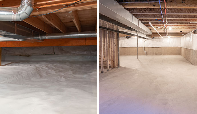 Collage of encapsulated crawl space and waterproofed basement
