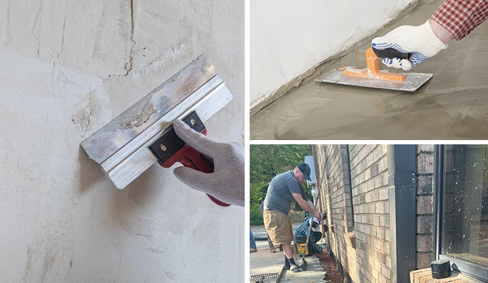 Collage of wall repair, floor leveling, and foundation stabilization service.