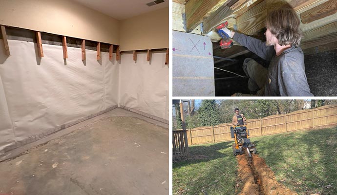 Collage of waterproofed basement, crawl space repair, and exterior drainage system installation service