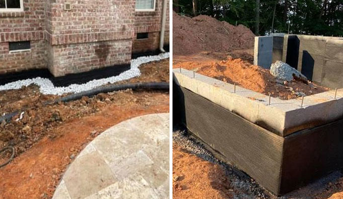 Collage of waterproofed exterior foundation and new construction area