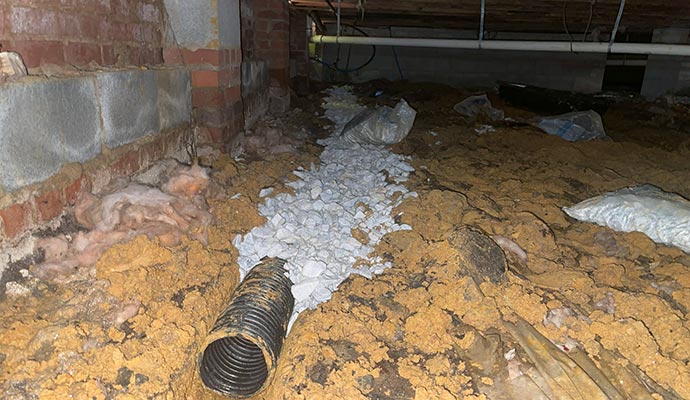 Corrugated drain pipe and gravel in a crawl space trench.