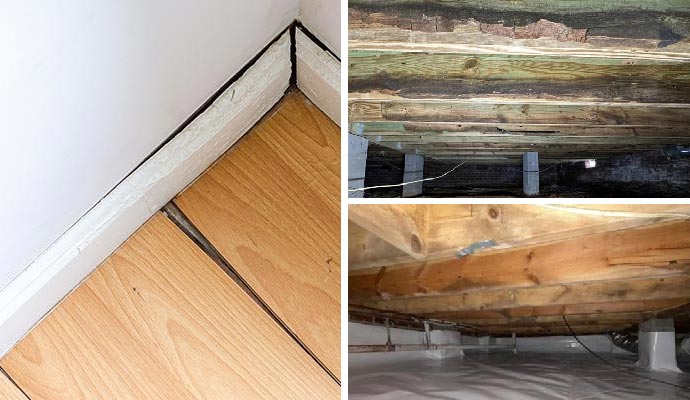 Collage of sagging floor and rotten wood in crawl space