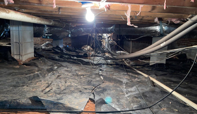 an unorganized and moisty crawl space