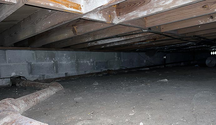 Unfinished and dirty crawl space