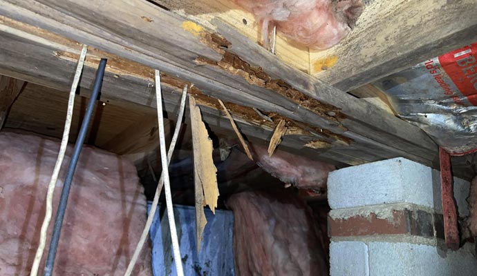 rotten and damaged wood in crawl space