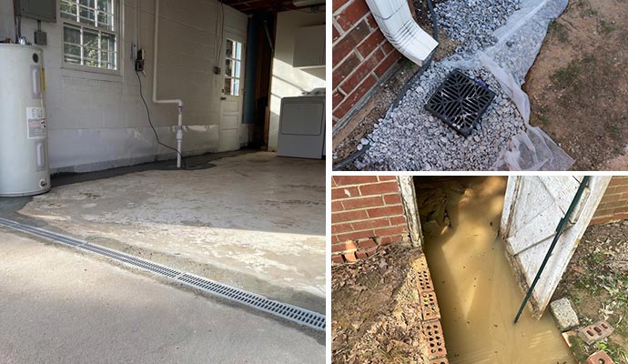 Collage of entryway drainage, downspout extension and clogged drain pipe