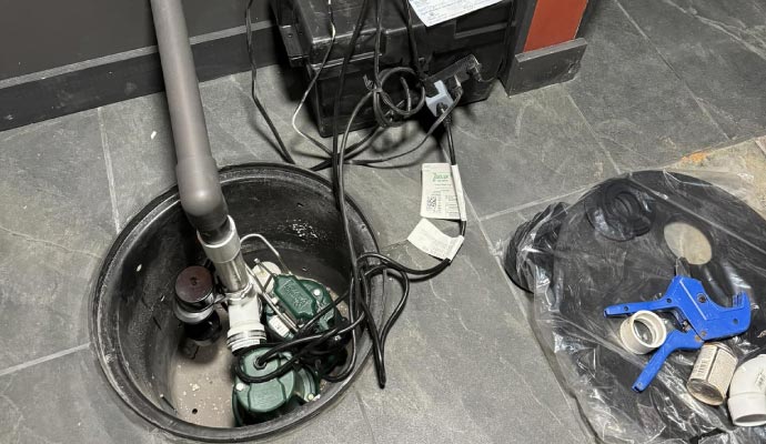 Sump pump installation process with equipment