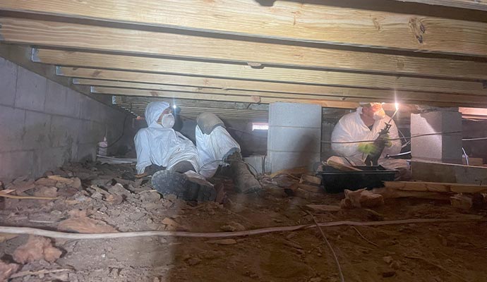 A team of workers in protective suits cleaning a crawlspace.