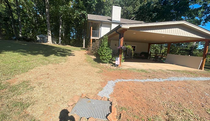 French drain in a residential yard.